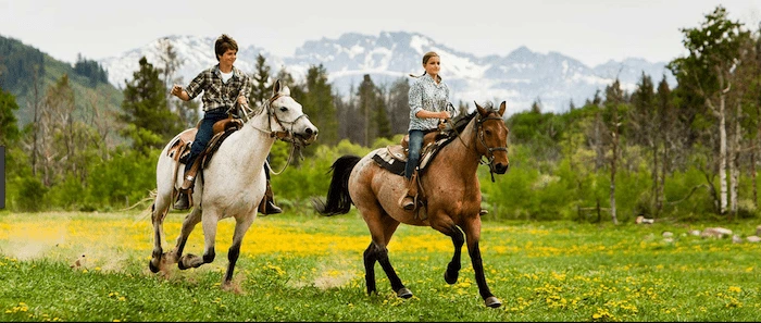 Confident plus-size woman riding Swanage a horse through a field with a smile on her face.